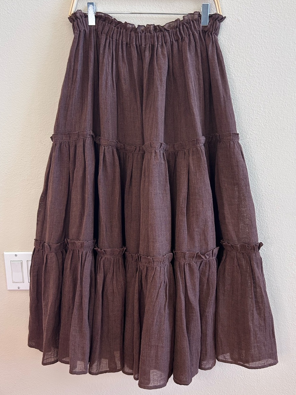Lisa Marie Fernandez Tiered Brown Maxi Skirt Organic Linen Blend Medium Boho